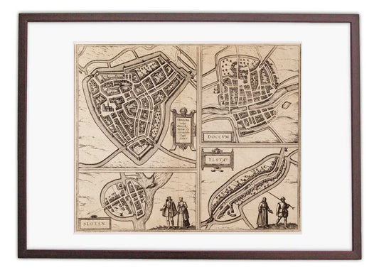 Oude kaart Dokkum, IJlst, Sloten en Sneek - Braun en Hogenberg