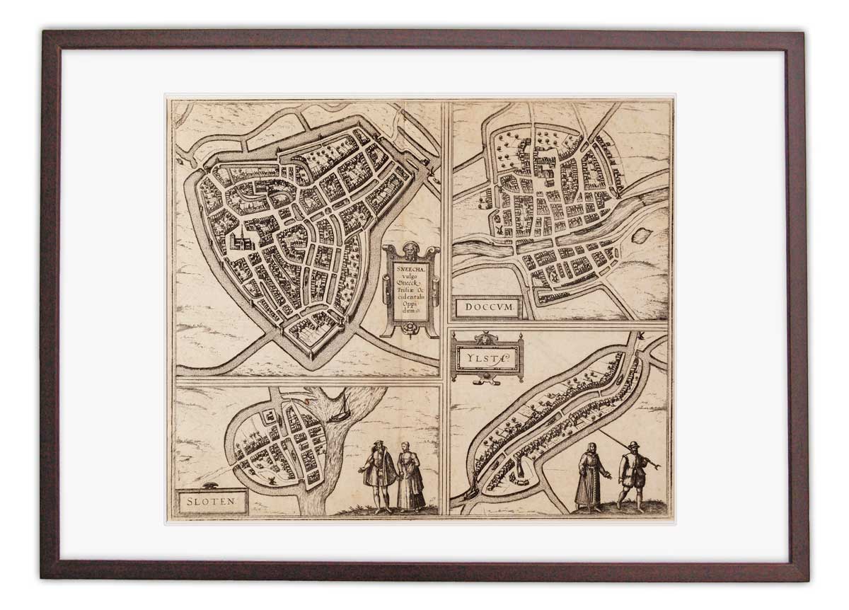 Oude kaart Dokkum, IJlst, Sloten en Sneek - Braun en Hogenberg