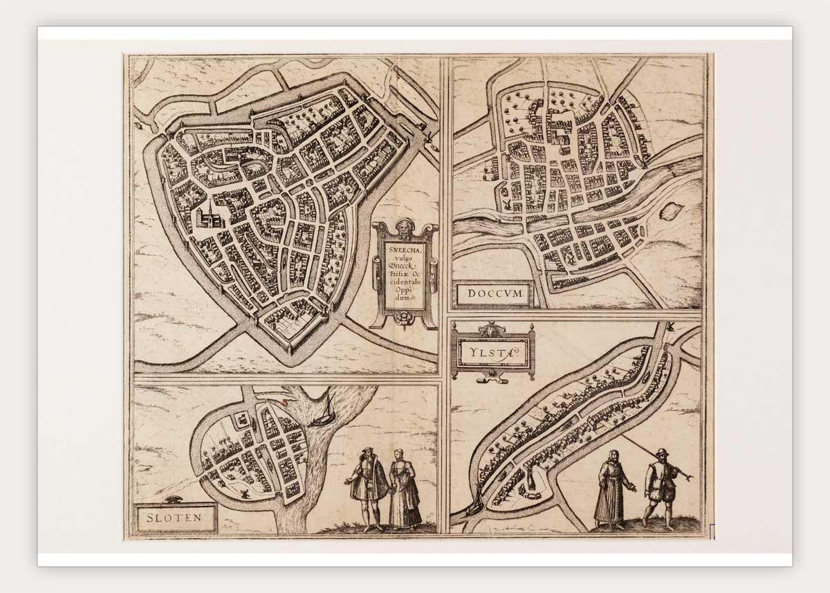 Oude kaart Dokkum, IJlst, Sloten en Sneek - Braun en Hogenberg