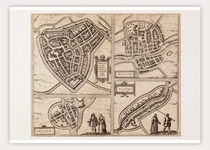 Oude kaart Dokkum, IJlst, Sloten en Sneek - Braun en Hogenberg