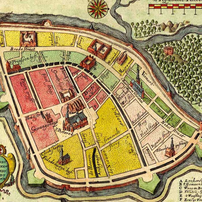 Oude kaart Leiden - de oude stad