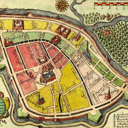 Oude kaart Leiden - de oude stad