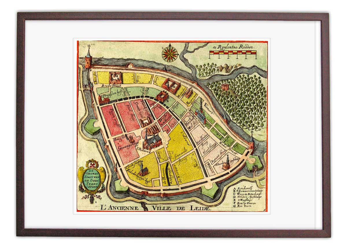 Oude kaart Leiden - de oude stad