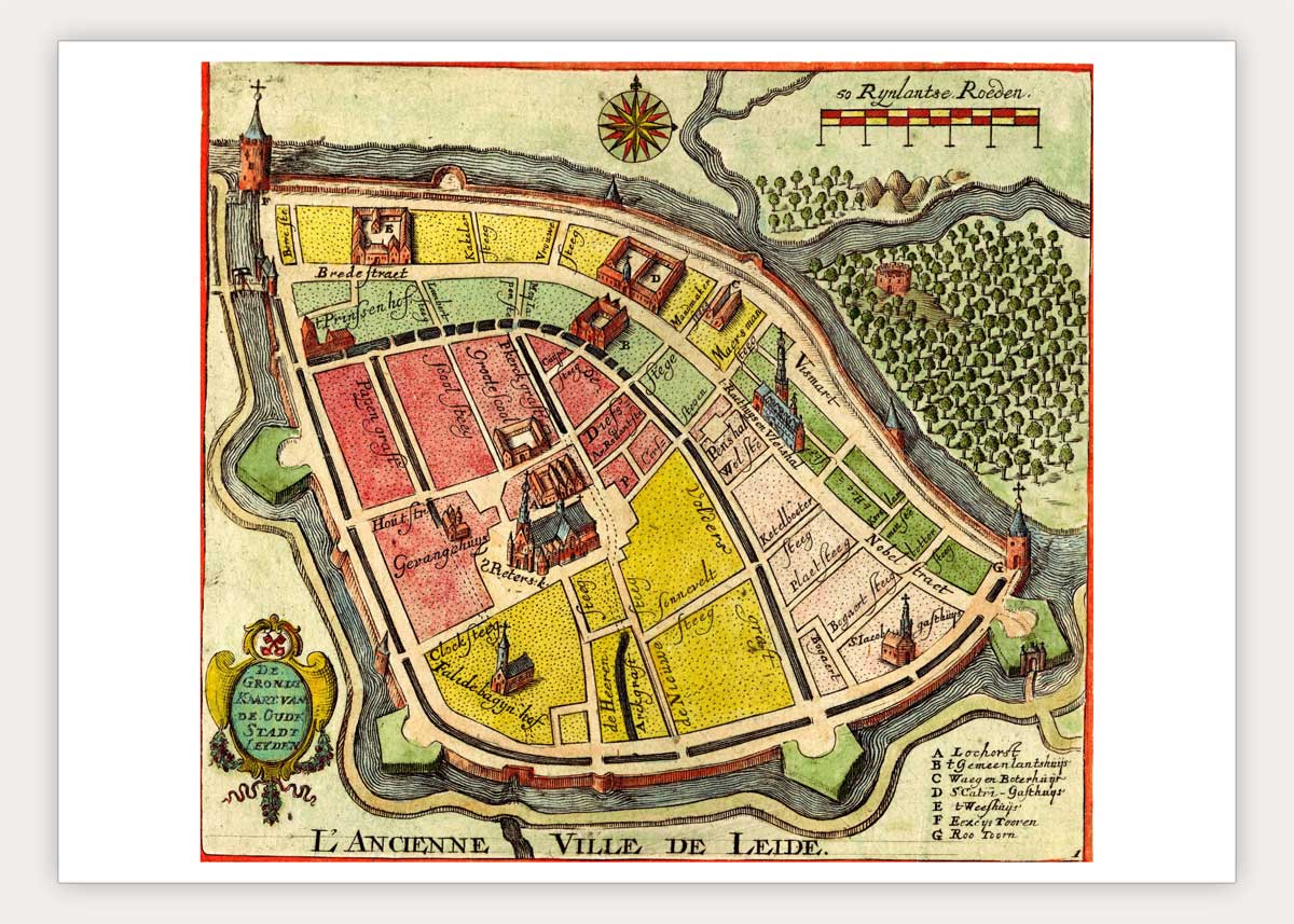 Oude kaart Leiden - de oude stad