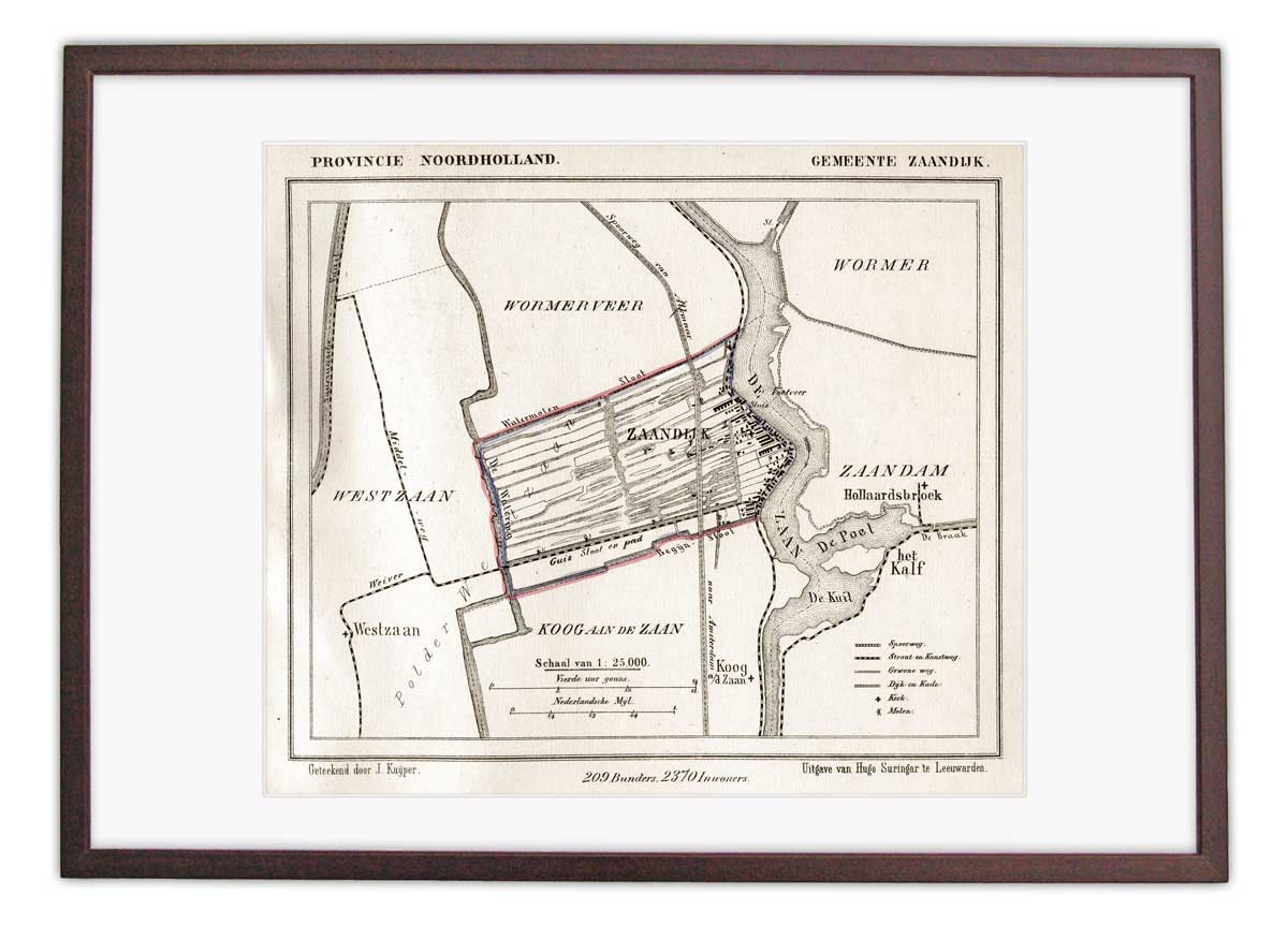 Oude kaart Zaandijk door J. Kuyper 1865