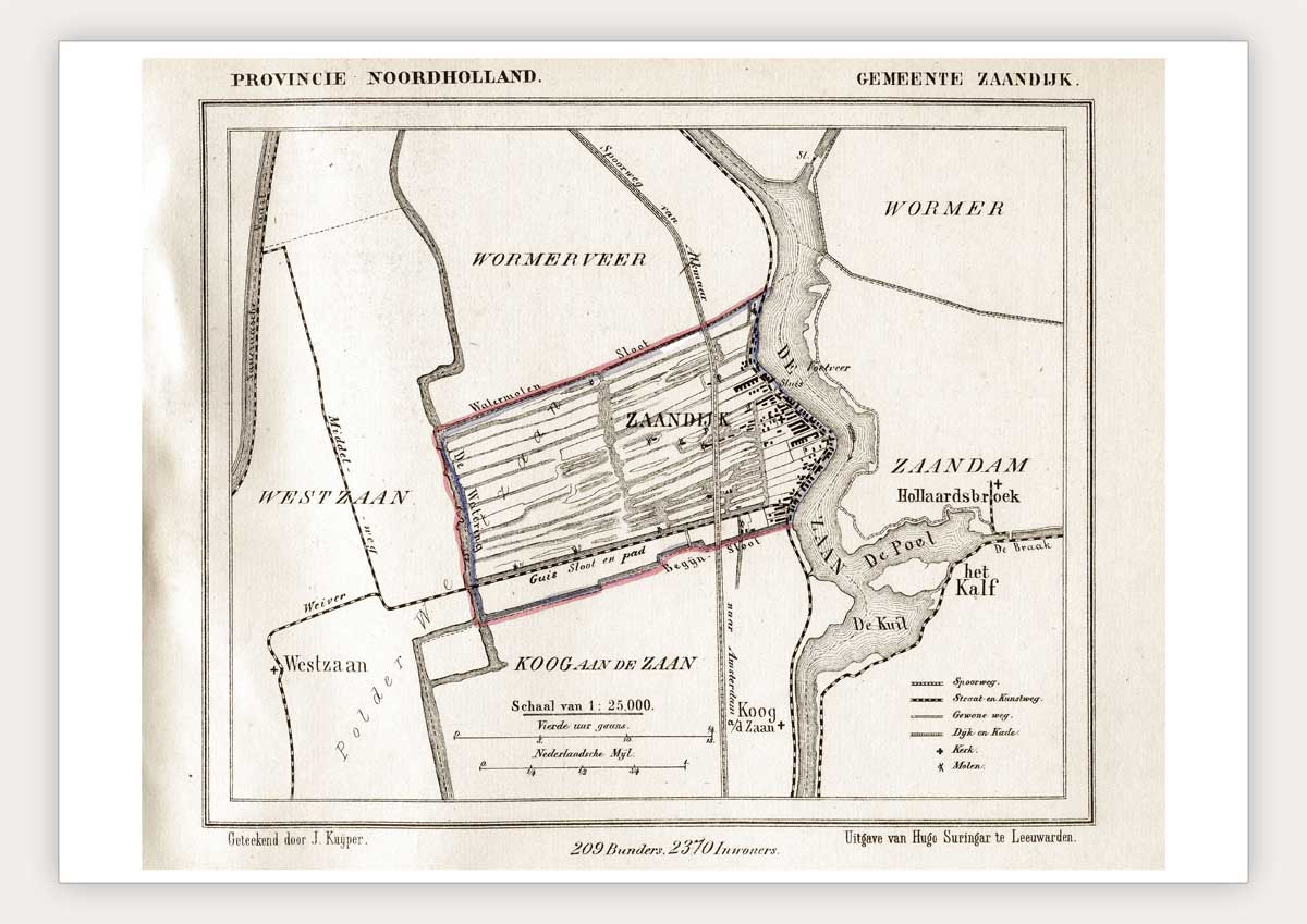Oude kaart Zaandijk door J. Kuyper 1865